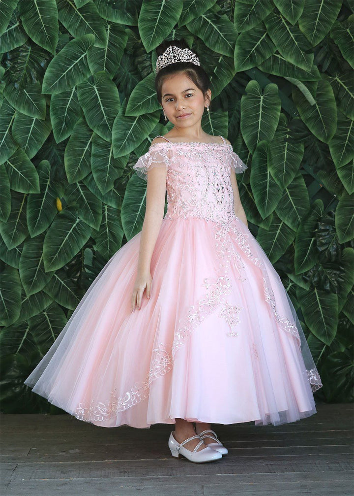 Girls Embroidered Long Off Shoulder Dress by Calla KY216-Girls Formal Dresses-ABC Fashion