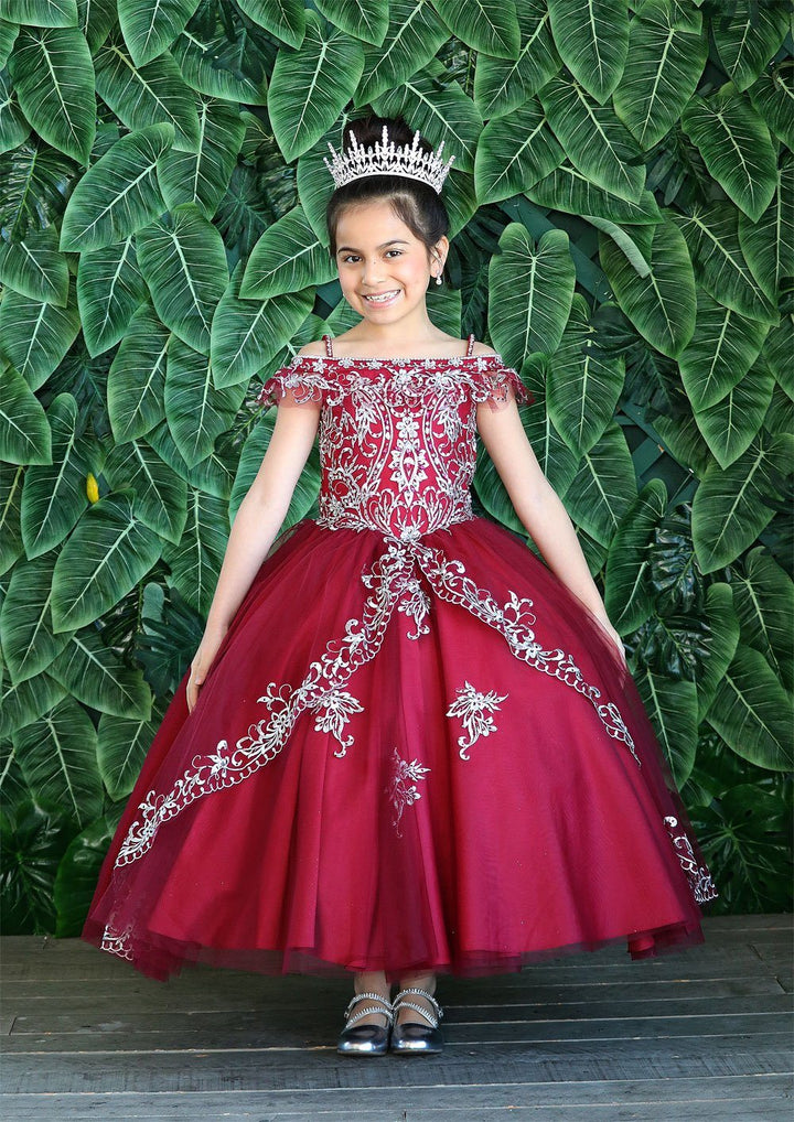 Girls Embroidered Long Off Shoulder Dress by Calla KY216-Girls Formal Dresses-ABC Fashion