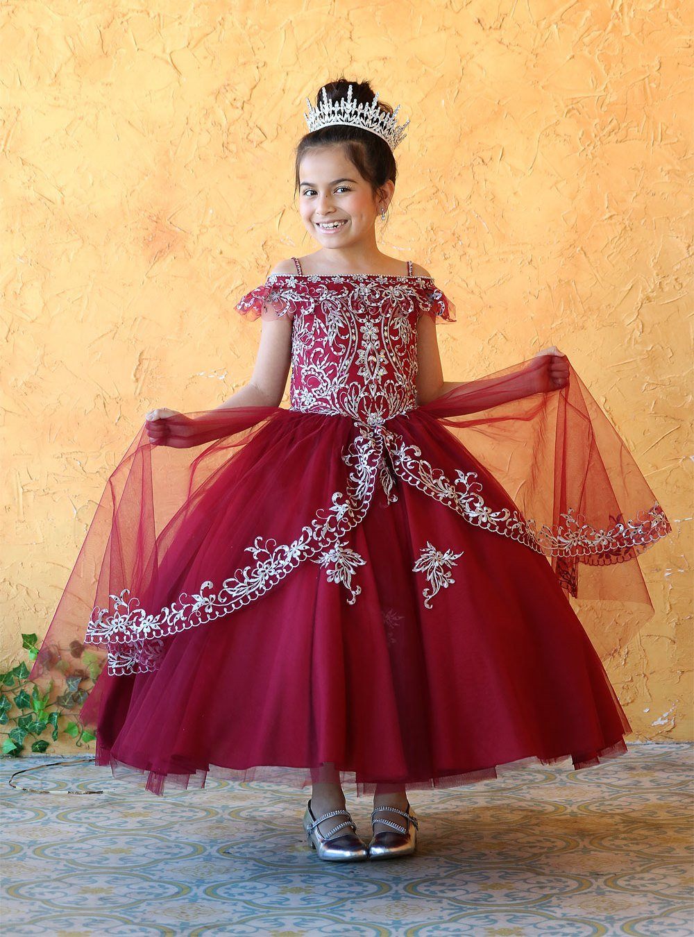 Girls Embroidered Long Off Shoulder Dress by Calla KY216-Girls Formal Dresses-ABC Fashion