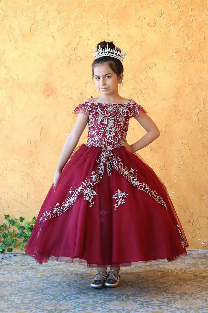 Girls Embroidered Long Off Shoulder Dress by Calla KY216-Girls Formal Dresses-ABC Fashion