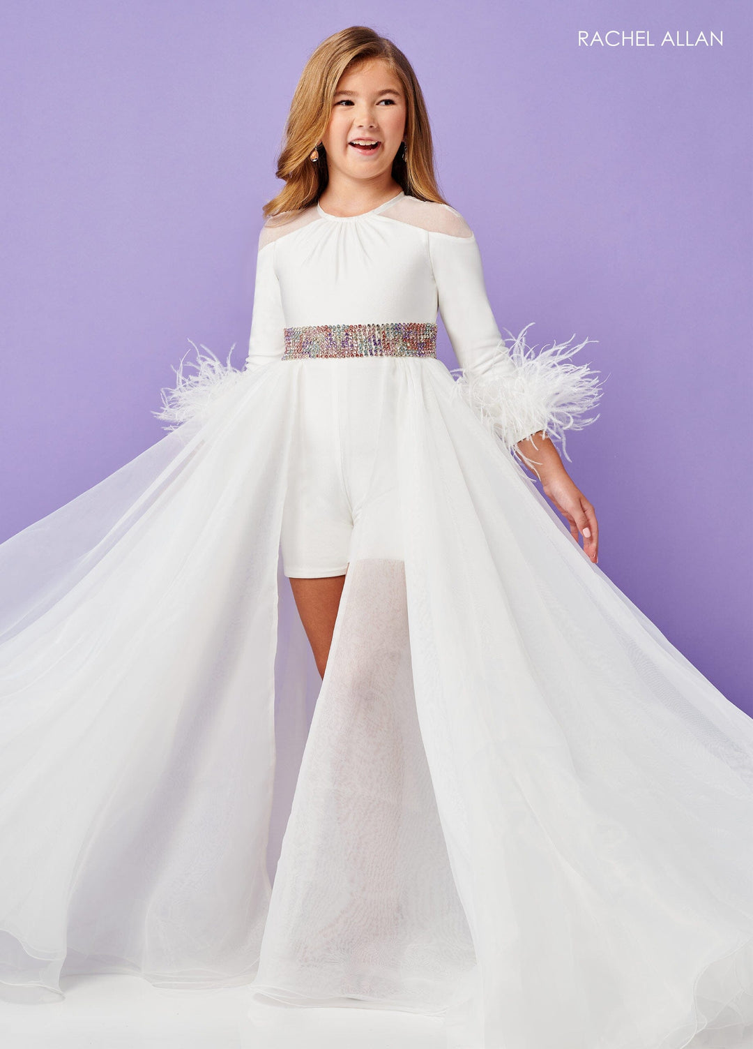 Girls Feather Long Sleeve Overskirt Romper by Rachel Allan 10179