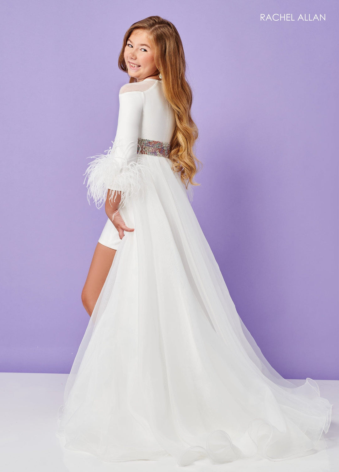 Girls Feather Long Sleeve Overskirt Romper by Rachel Allan 10179