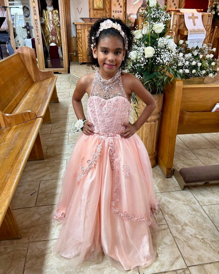Girls Floral Applique Long Halter Dress 5060
