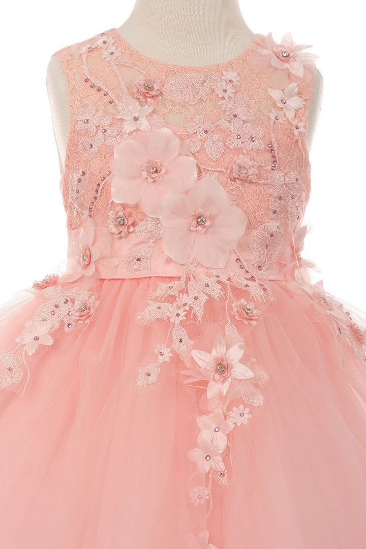 Girls High Low Tulle Dress with 3D Flowers by Cinderella Couture 9038-Girls Formal Dresses-ABC Fashion