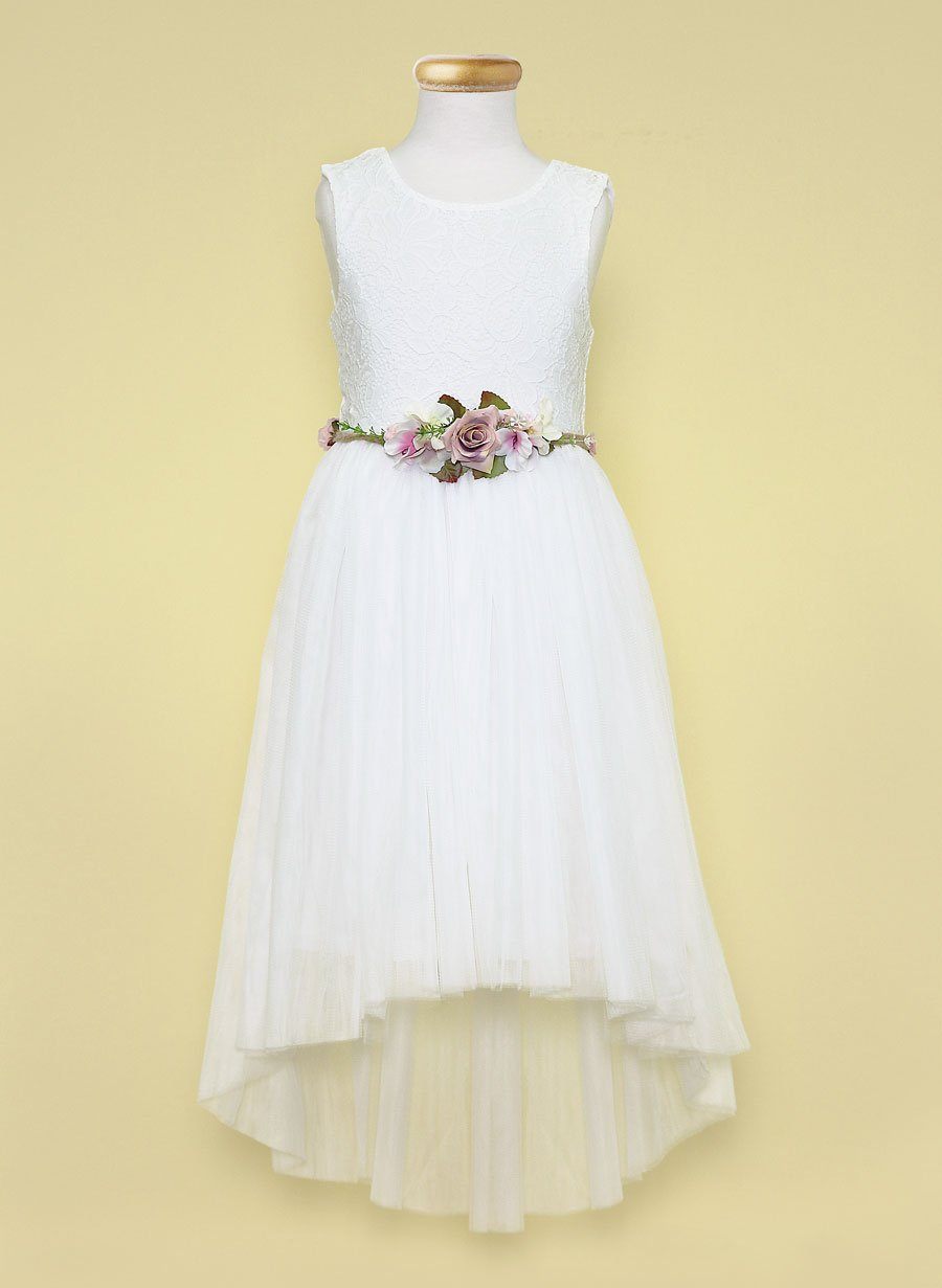Girls Ivory High Low Dress with Lace Bodice and Floral Belt-Girls Formal Dresses-ABC Fashion