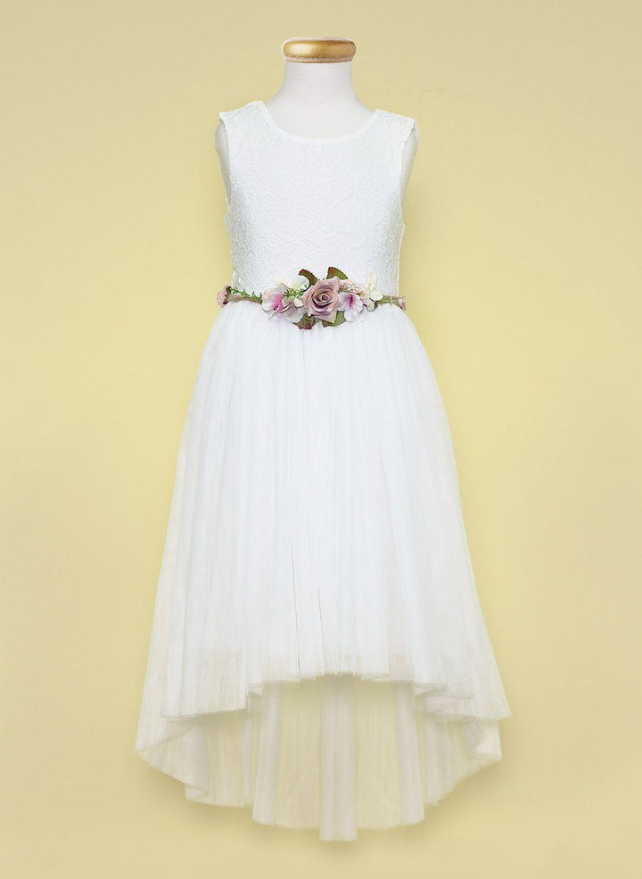Girls Ivory High Low Dress with Lace Bodice and Floral Belt-Girls Formal Dresses-ABC Fashion