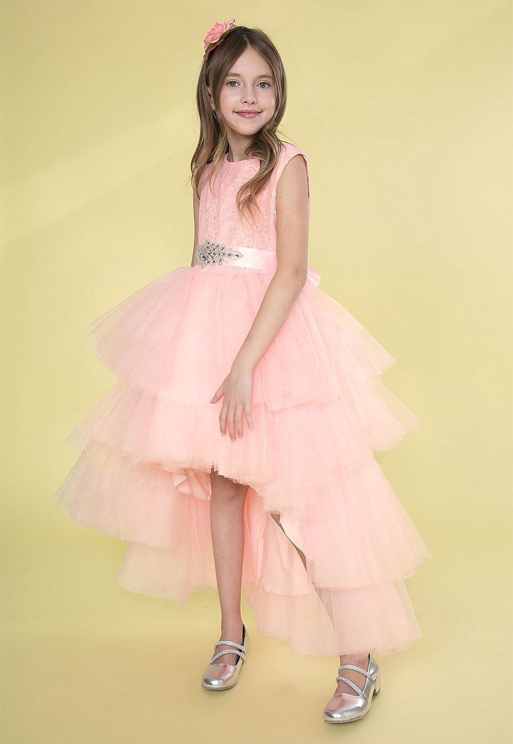 Girls Layered High Low Dress with Lace Bodice by Calla TY004-Girls Formal Dresses-ABC Fashion