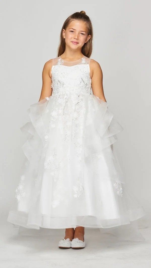 Girls Long 3D Floral Applique Dress by Cinderella Couture 5093