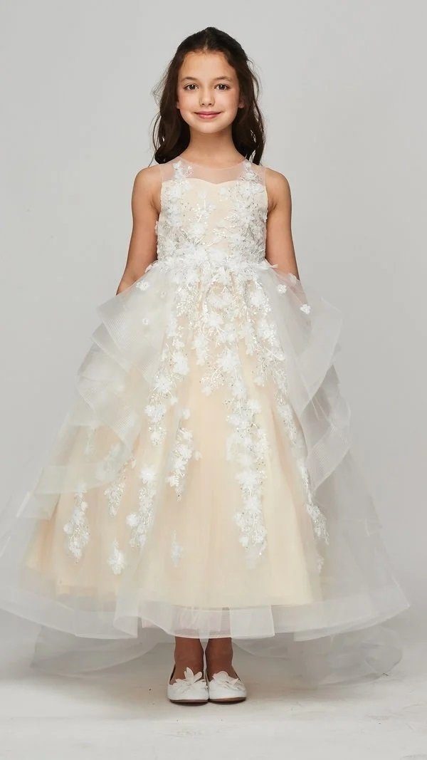 Cinderella Couture 8115 Feather Lace Applique A Line Flower Girl Dress