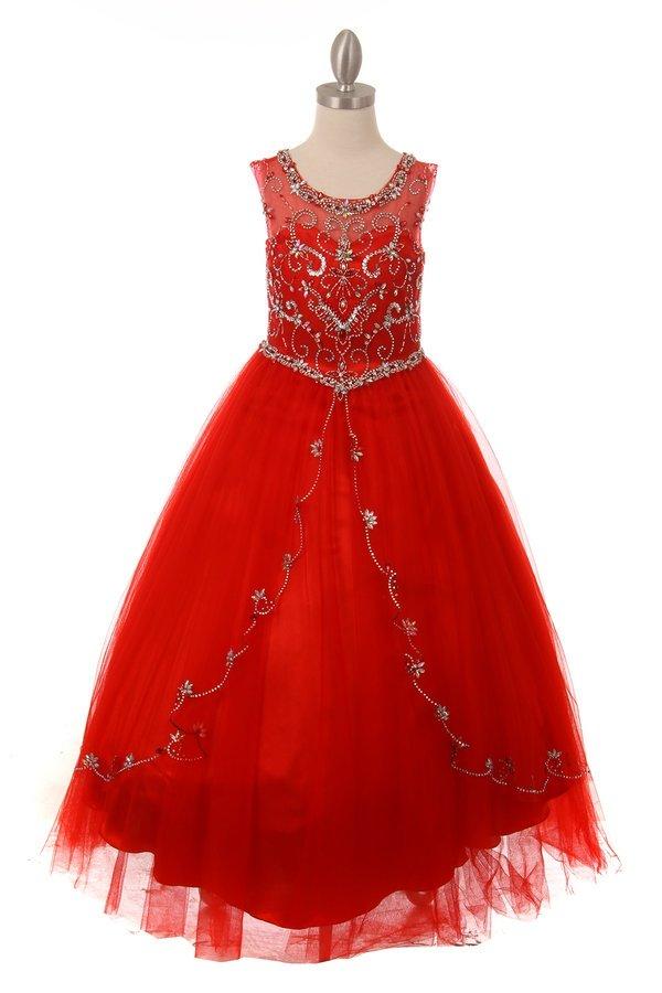Girls Long Beaded Illusion Dress by Cinderella Couture 8005-Girls Formal Dresses-ABC Fashion