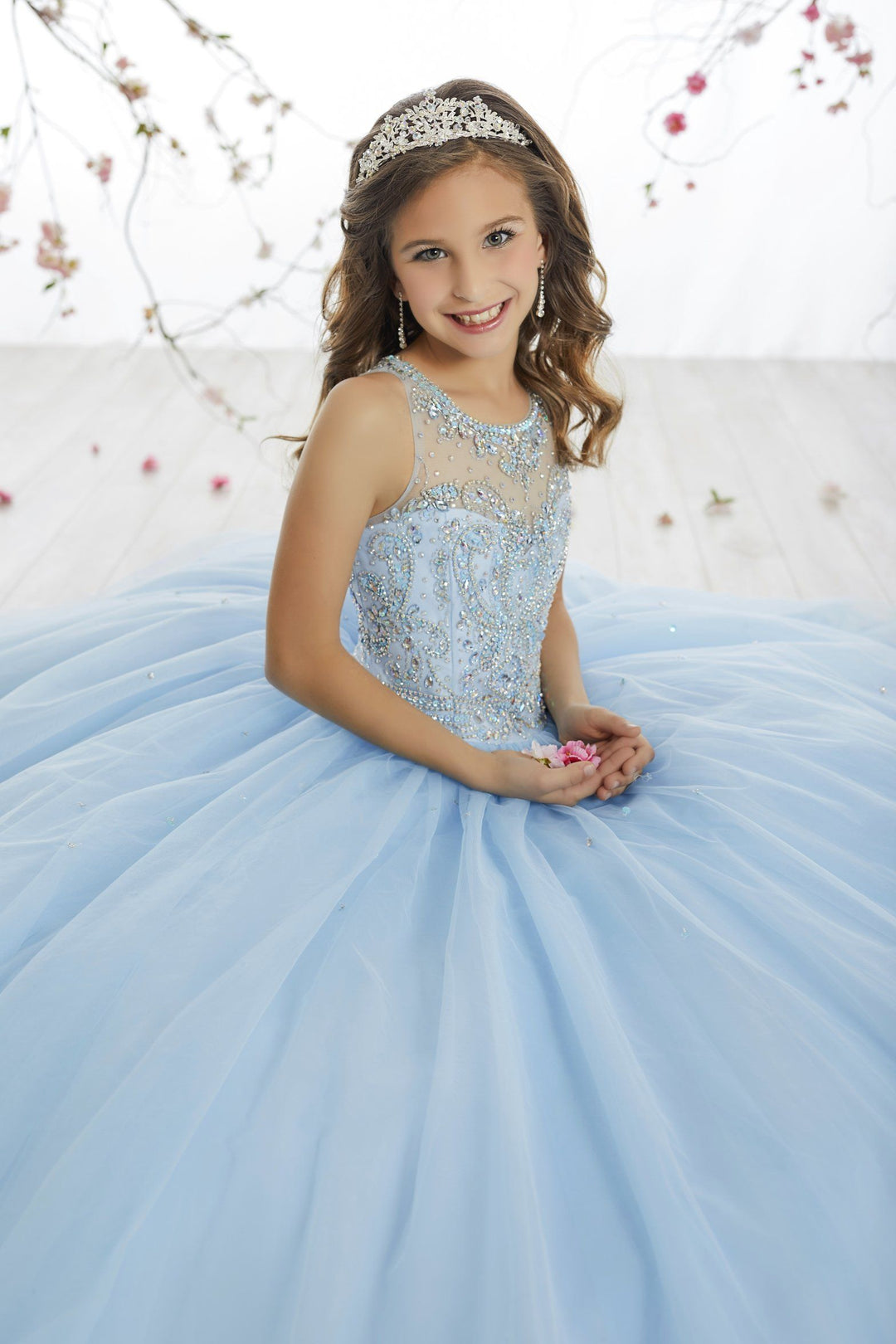 Girls Long Beaded Illusion Dress by Tiffany Princess 13514-Girls Formal Dresses-ABC Fashion