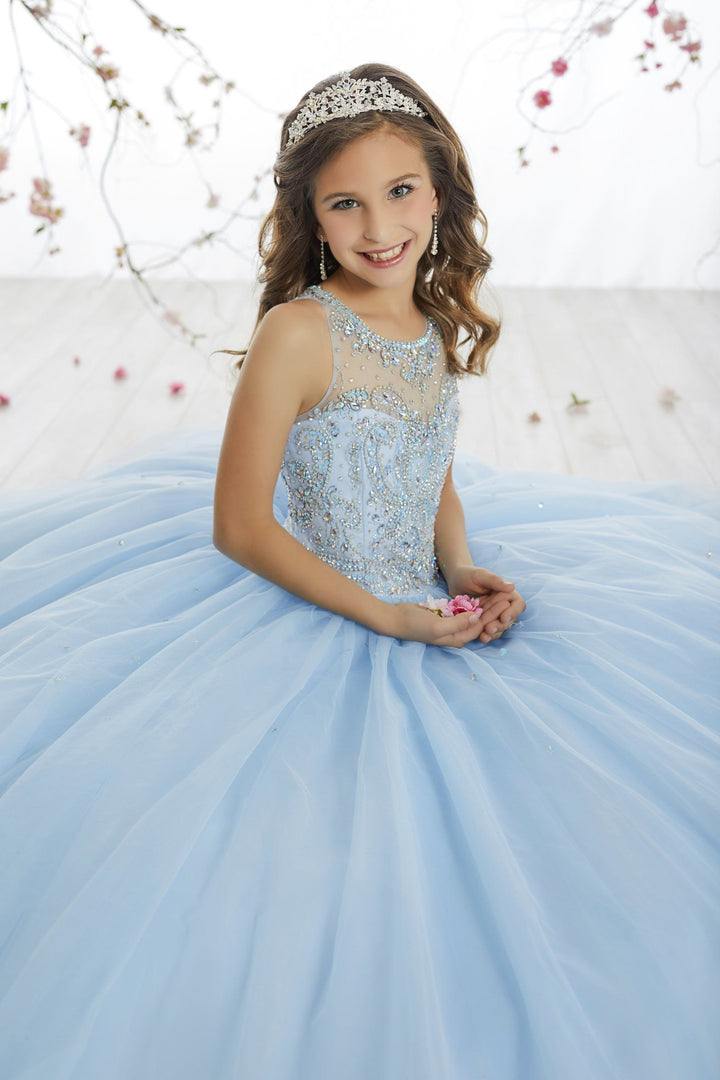 Girls Long Beaded Illusion Dress by Tiffany Princess 13514-Girls Formal Dresses-ABC Fashion