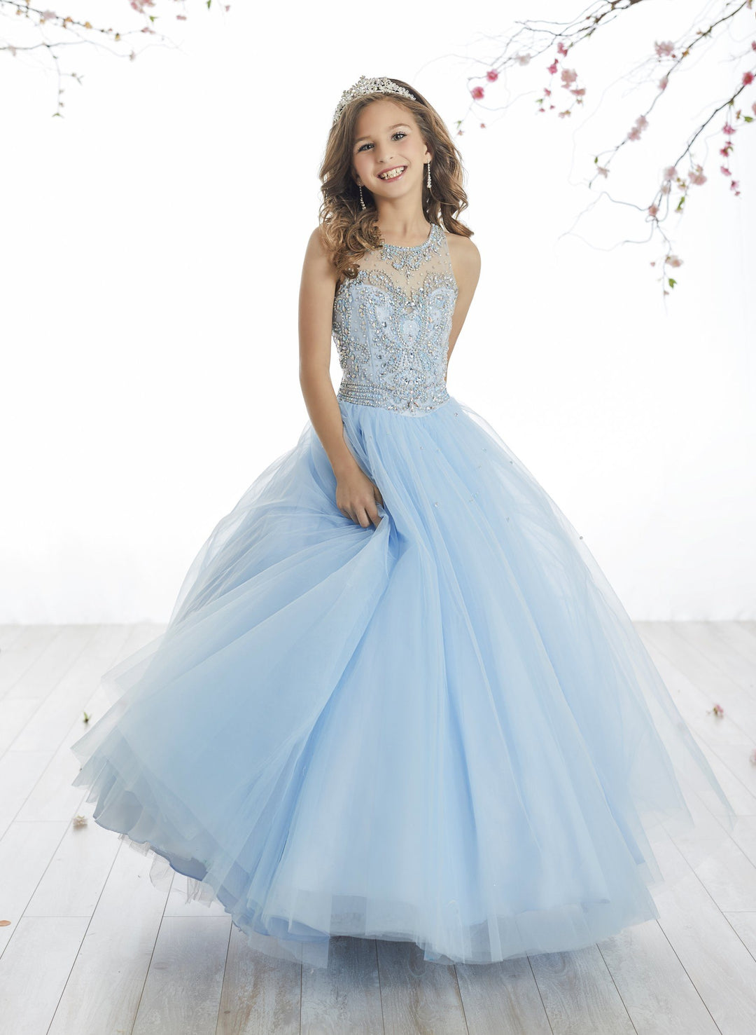 Girls Long Beaded Illusion Dress by Tiffany Princess 13514-Girls Formal Dresses-ABC Fashion