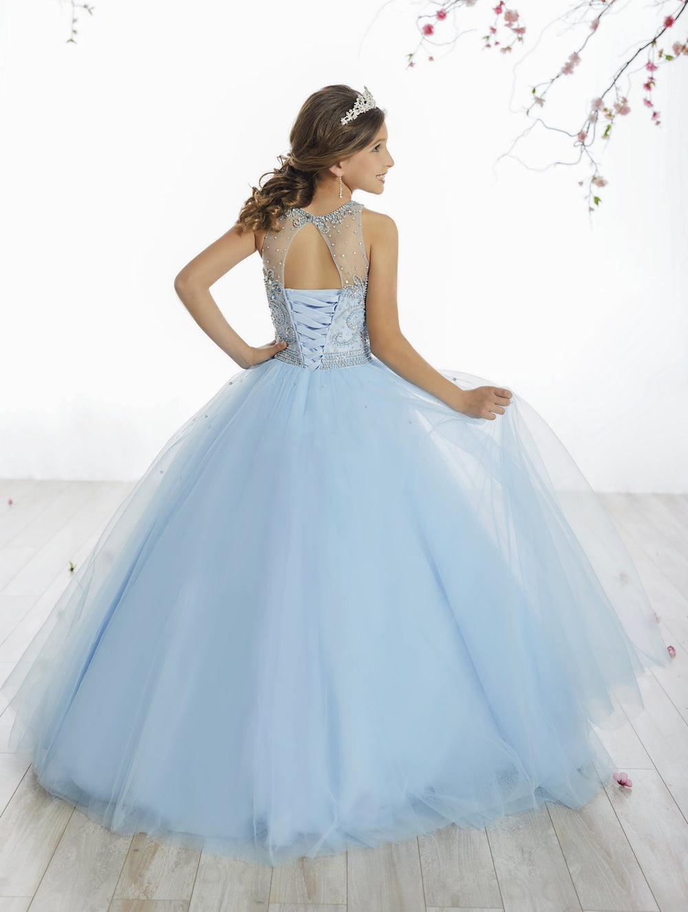 Girls Long Beaded Illusion Dress by Tiffany Princess 13514-Girls Formal Dresses-ABC Fashion