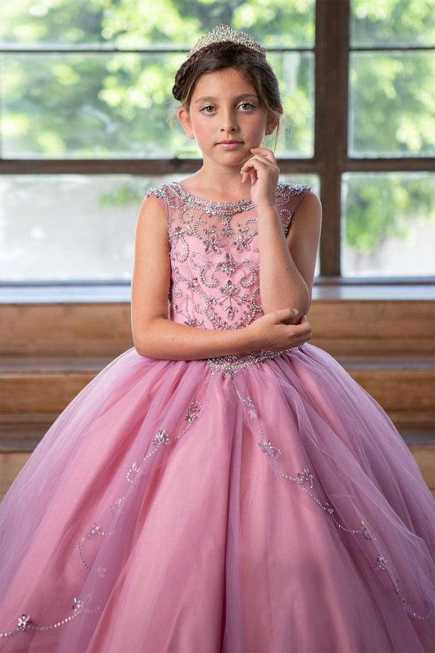 Girls Long Beaded Illusion Dress with A-line Skirt by Calla KY220-Girls Formal Dresses-ABC Fashion
