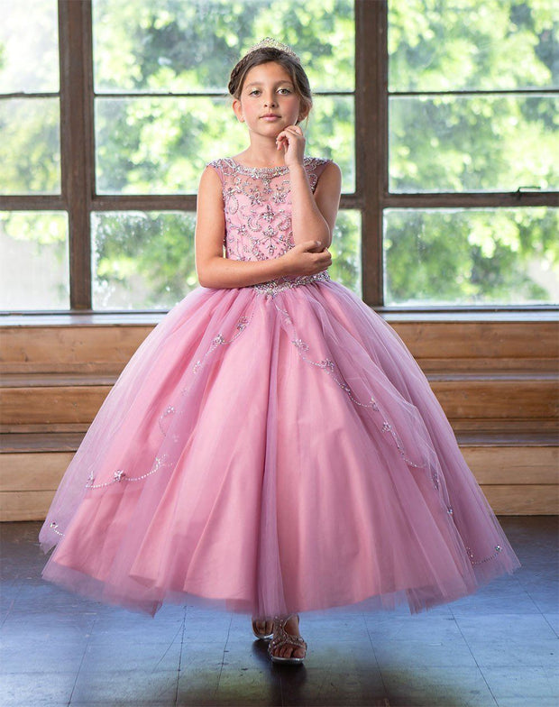 Girls Long Beaded Illusion Dress with A-line Skirt by Calla KY220-Girls Formal Dresses-ABC Fashion