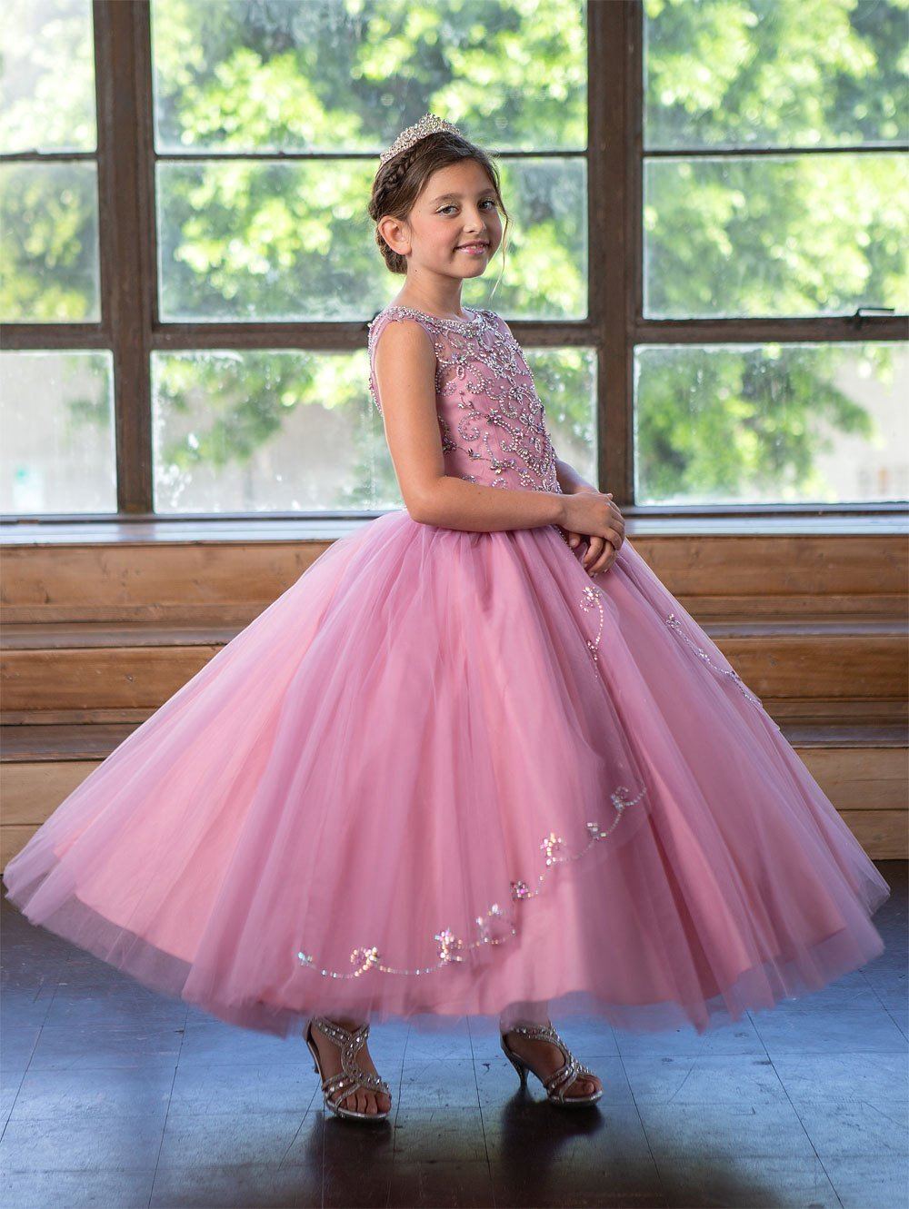 Girls Long Beaded Illusion Dress with A-line Skirt by Calla KY220-Girls Formal Dresses-ABC Fashion