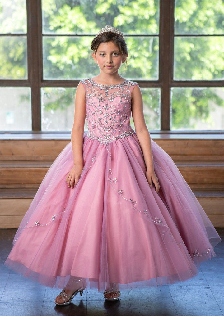 Girls Long Beaded Illusion Dress with A-line Skirt by Calla KY220-Girls Formal Dresses-ABC Fashion