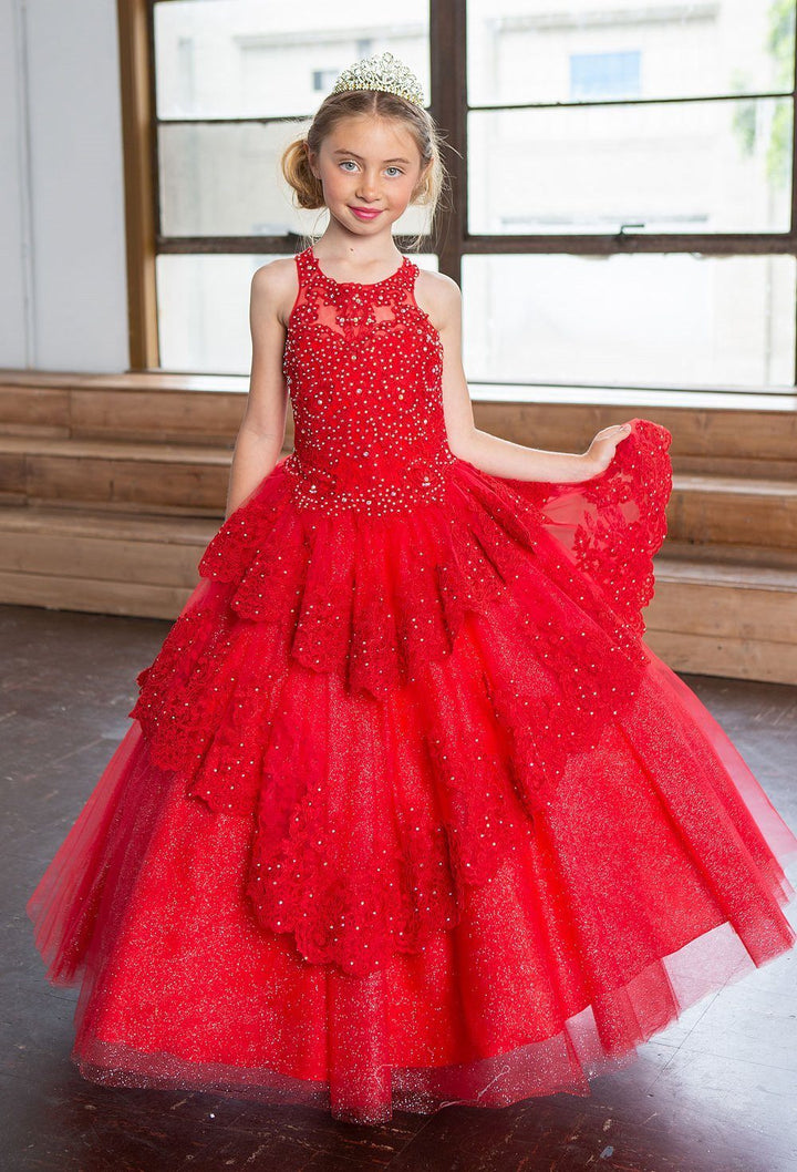 Girls Long Beaded Lace Dress with Glitter Skirt by Calla KY224-Girls Formal Dresses-ABC Fashion