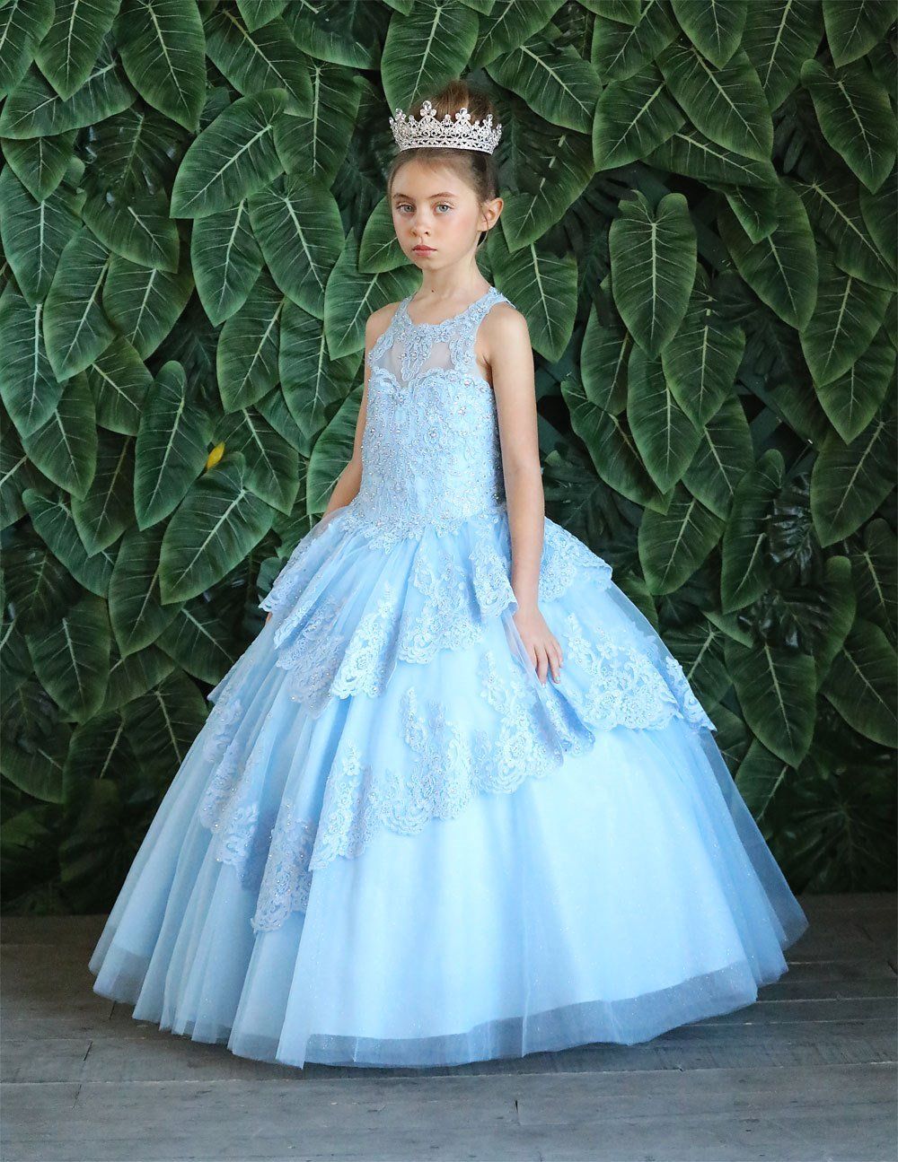 Girls Long Beaded Lace Dress with Glitter Skirt by Calla KY224-Girls Formal Dresses-ABC Fashion