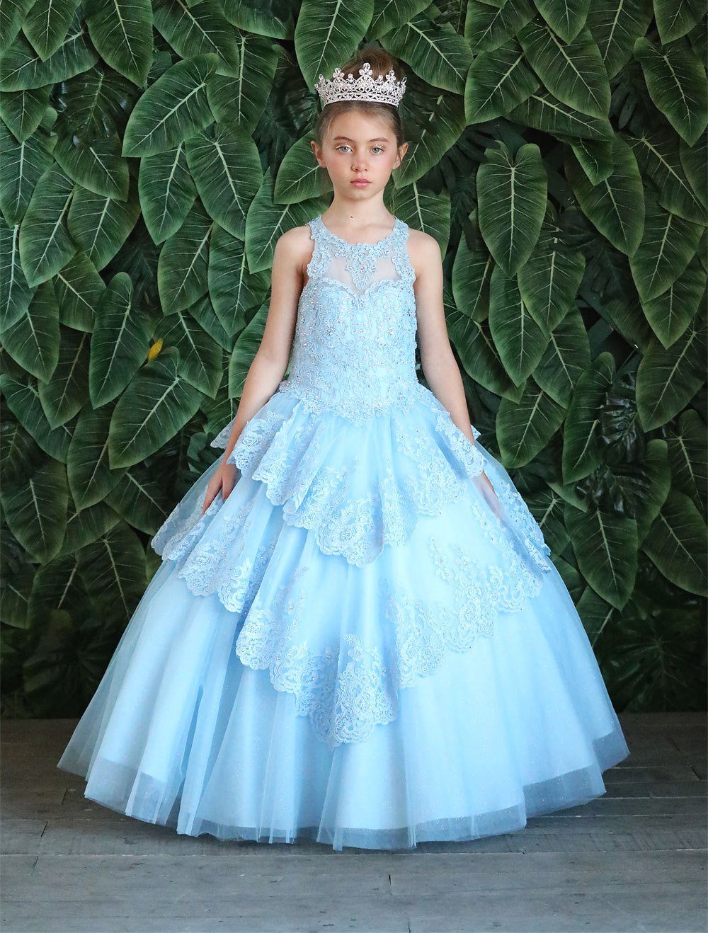 Girls Long Beaded Lace Dress with Glitter Skirt by Calla KY224-Girls Formal Dresses-ABC Fashion