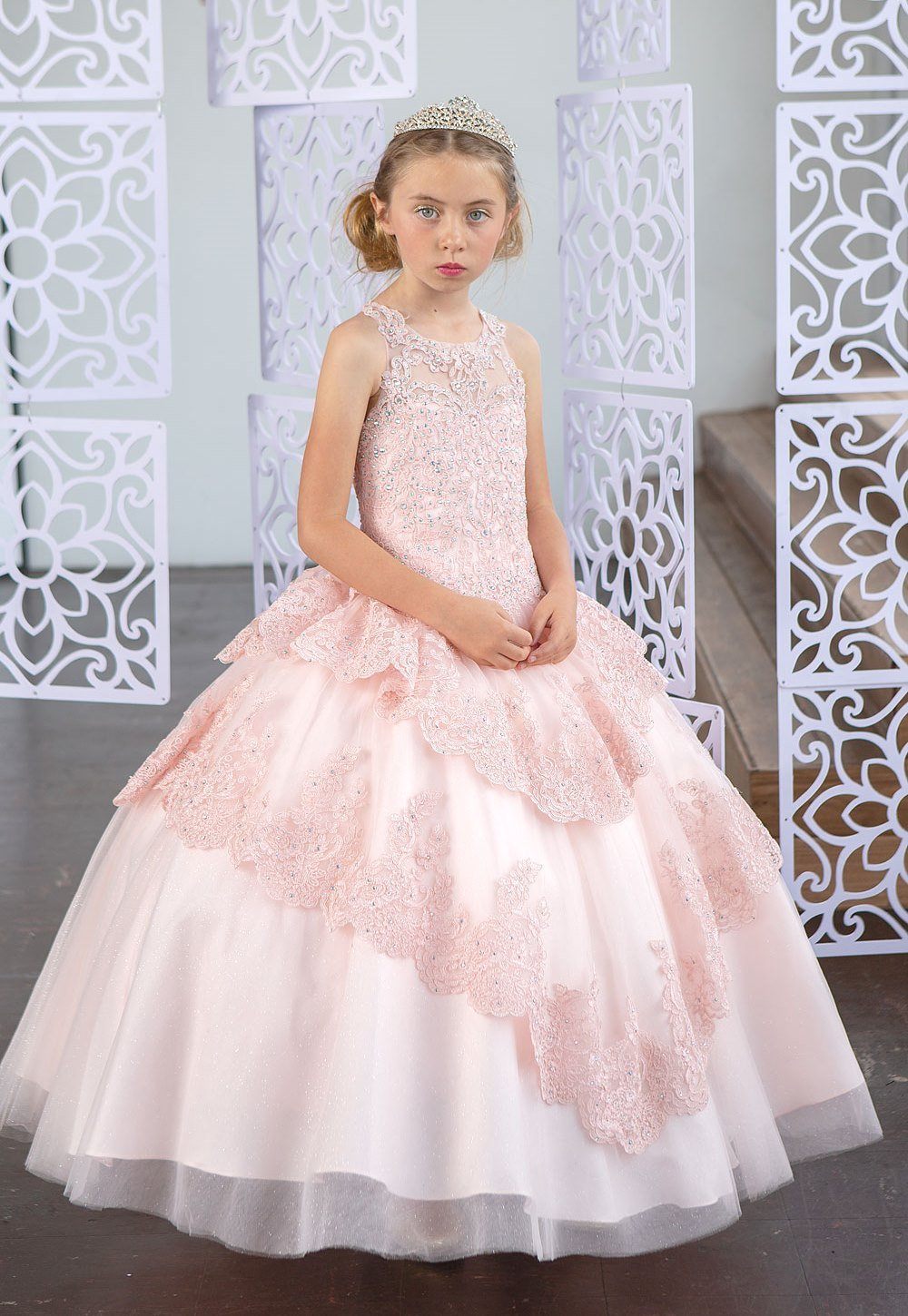 Girls Long Beaded Lace Dress with Glitter Skirt by Calla KY224-Girls Formal Dresses-ABC Fashion