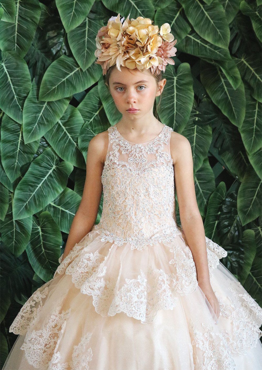 Girls Long Beaded Lace Dress with Glitter Skirt by Calla KY224-Girls Formal Dresses-ABC Fashion