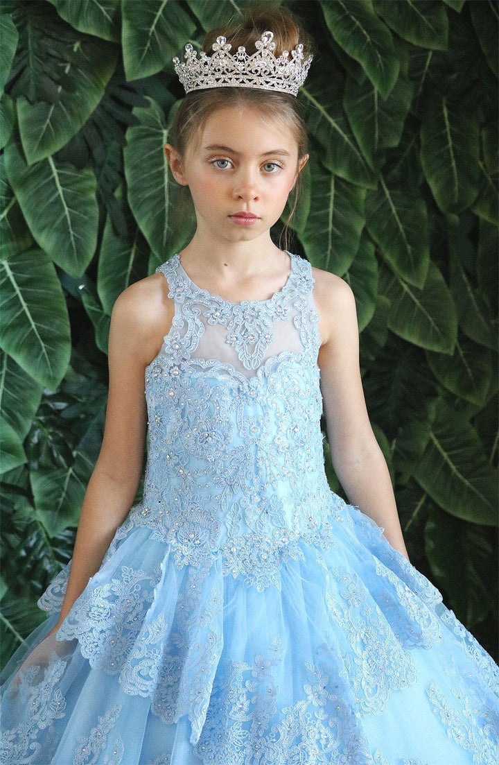 Girls Long Beaded Lace Dress with Glitter Skirt by Calla KY224-Girls Formal Dresses-ABC Fashion