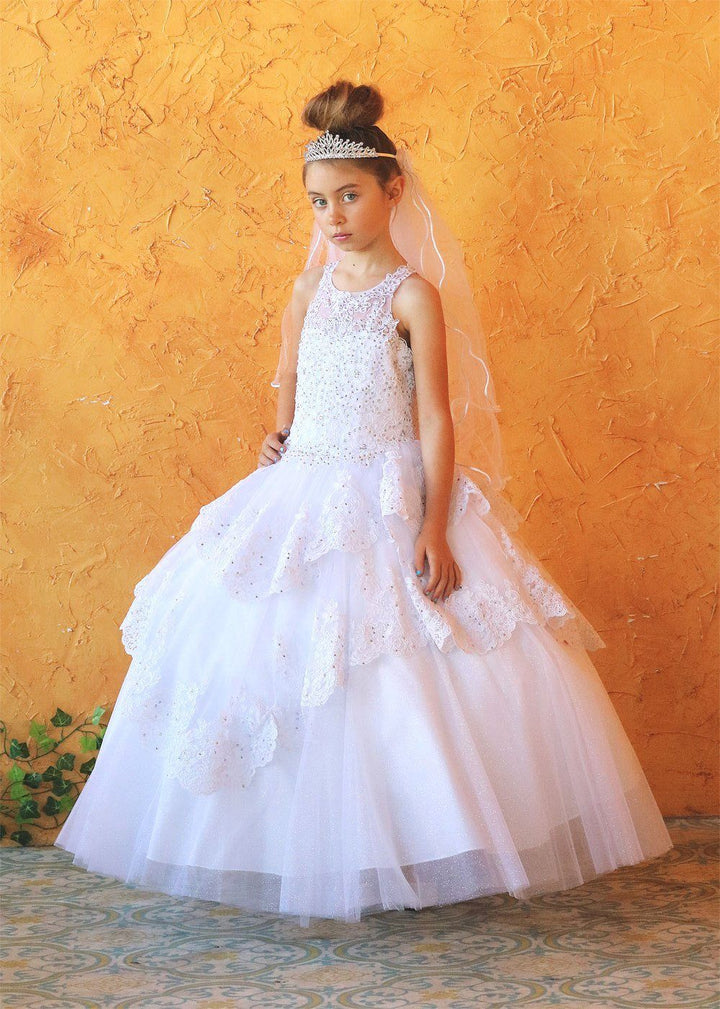 Girls Long Beaded Lace Dress with Glitter Skirt by Calla KY224-Girls Formal Dresses-ABC Fashion