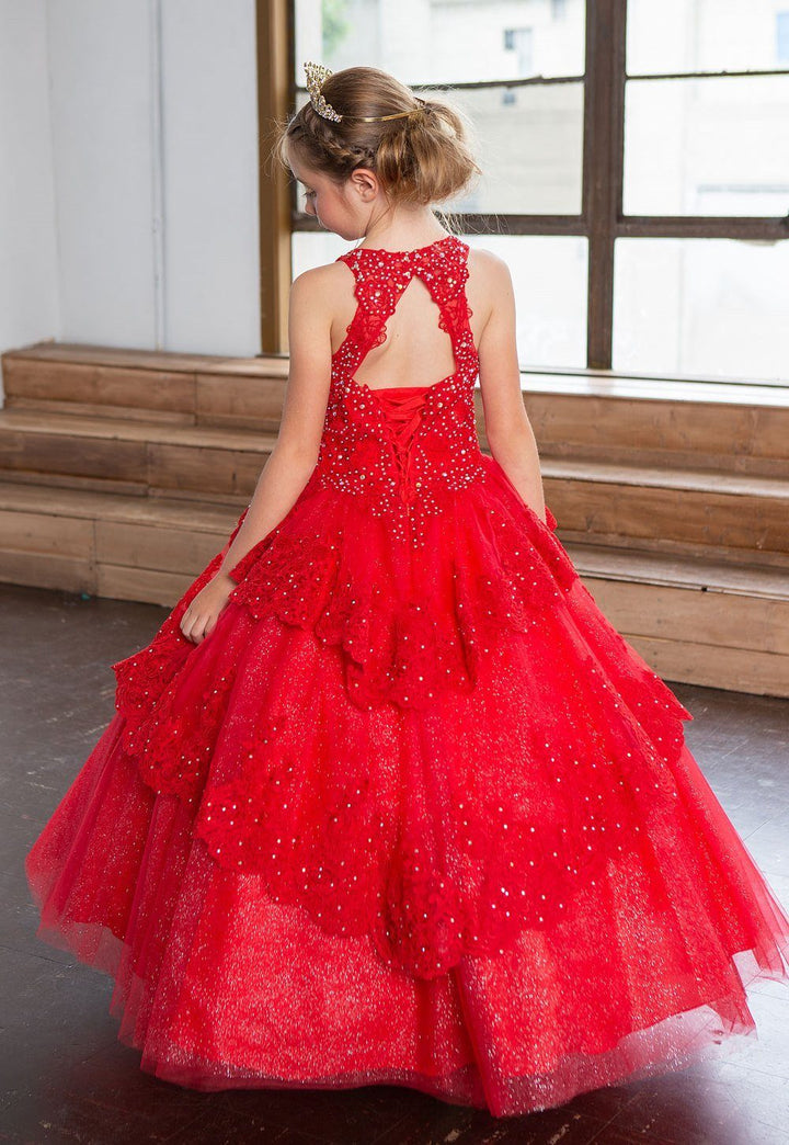 Girls Long Beaded Lace Dress with Glitter Skirt by Calla KY224-Girls Formal Dresses-ABC Fashion