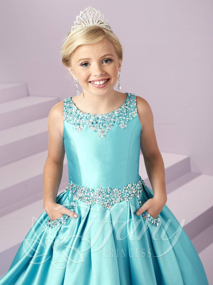 Girls Long Beaded Mikado Dress by Tiffany Princess 13485-Girls Formal Dresses-ABC Fashion