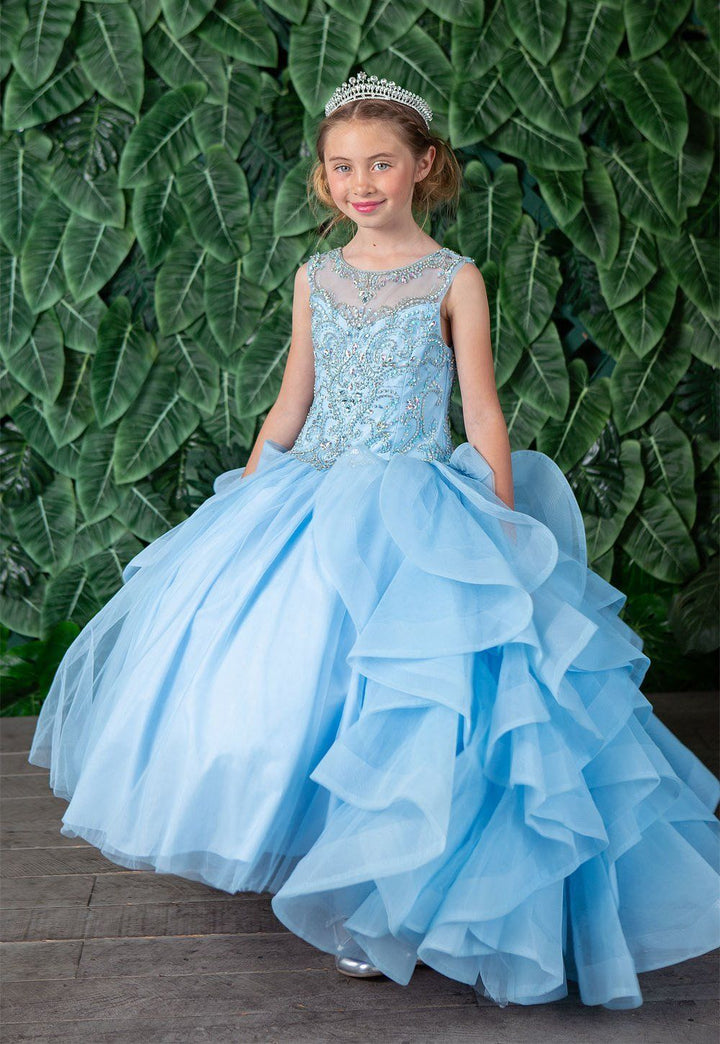 Girls Long Beaded Sleeveless Dress with Ruffled Train by Calla KY218-Girls Formal Dresses-ABC Fashion