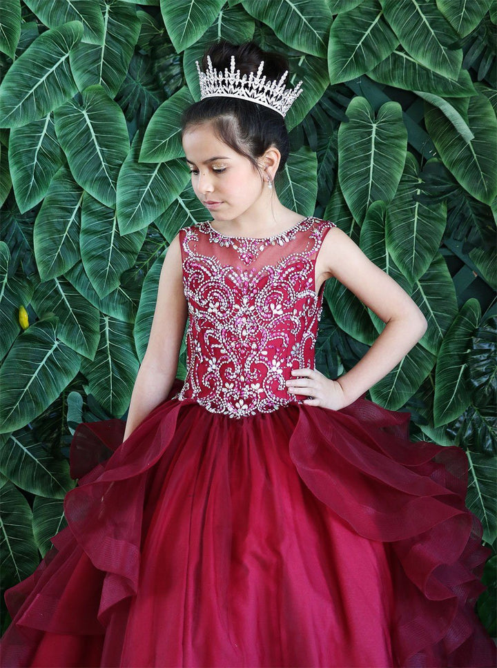 Girls Long Beaded Sleeveless Dress with Ruffled Train by Calla KY218-Girls Formal Dresses-ABC Fashion