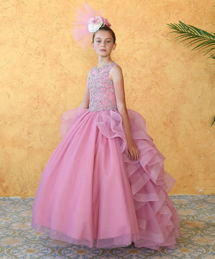 Girls Long Beaded Sleeveless Dress with Ruffled Train by Calla KY218-Girls Formal Dresses-ABC Fashion