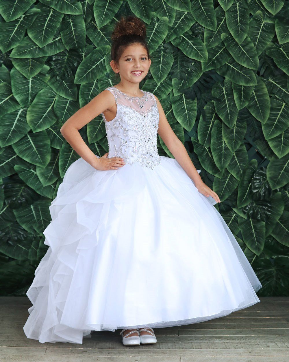 Girls Long Beaded Sleeveless Dress with Ruffled Train by Calla KY218-Girls Formal Dresses-ABC Fashion