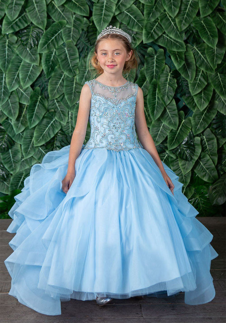 Girls Long Beaded Sleeveless Dress with Ruffled Train by Calla KY218-Girls Formal Dresses-ABC Fashion