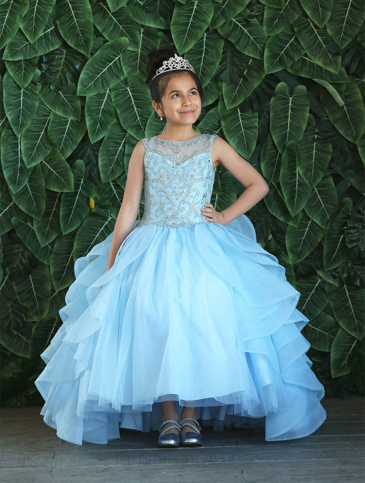 Girls Long Beaded Sleeveless Dress with Ruffled Train by Calla KY218-Girls Formal Dresses-ABC Fashion