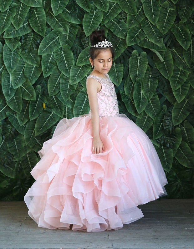 Girls Long Beaded Sleeveless Dress with Ruffled Train by Calla KY218-Girls Formal Dresses-ABC Fashion