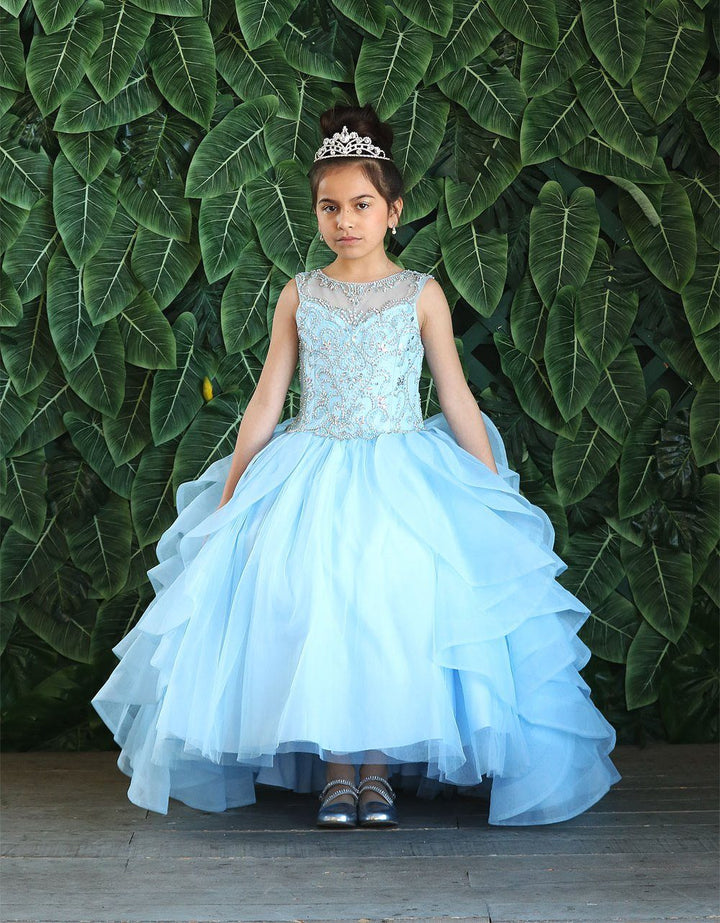 Girls Long Beaded Sleeveless Dress with Ruffled Train by Calla KY218-Girls Formal Dresses-ABC Fashion