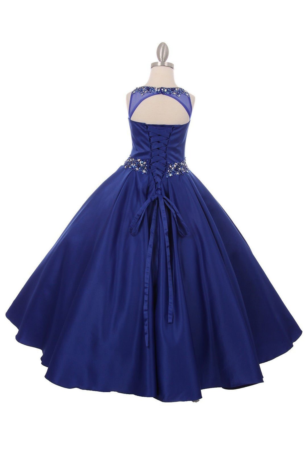 Girls Long Beaded Sleeveless Satin Dress with Pockets-Girls Formal Dresses-ABC Fashion