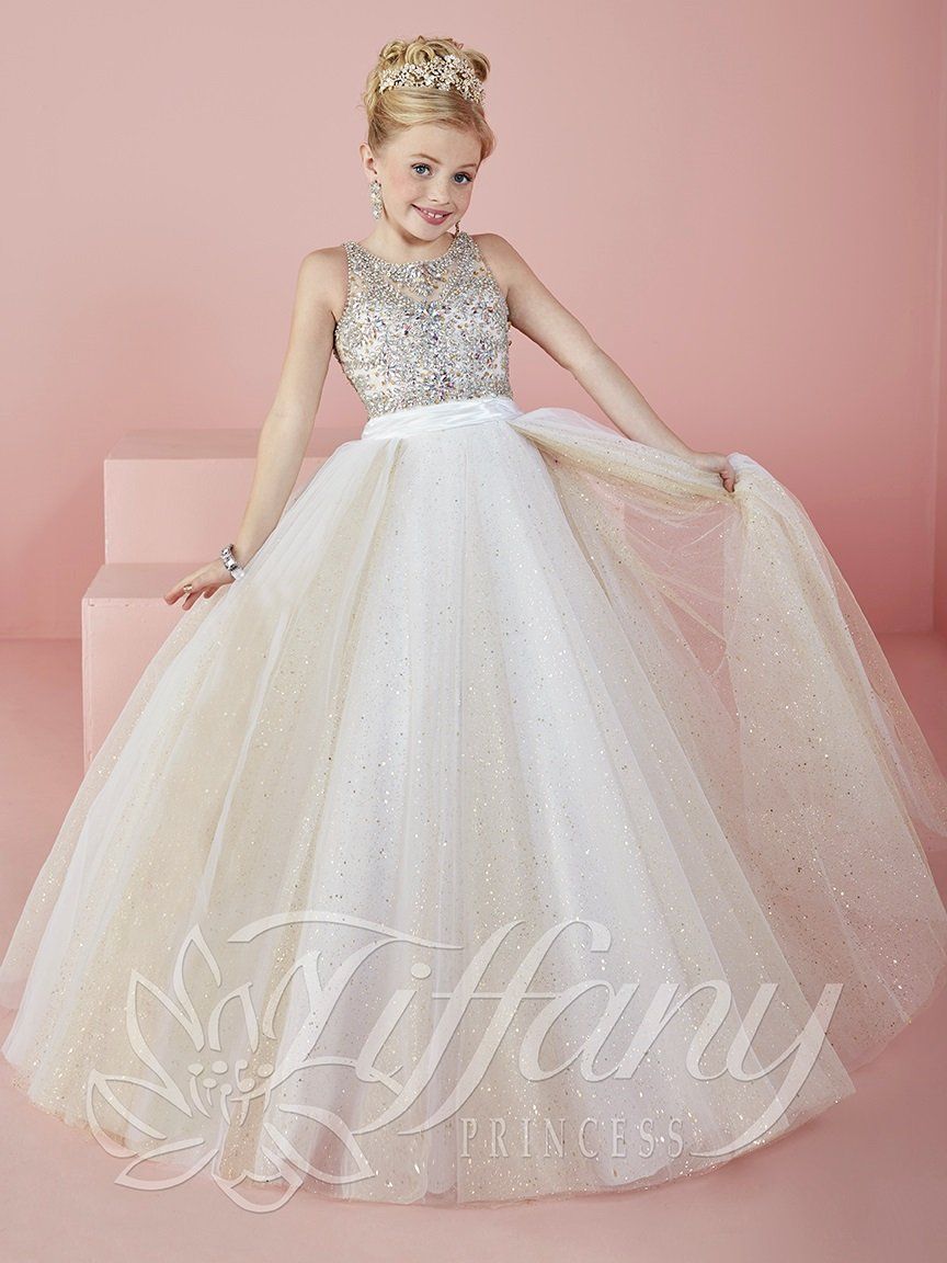 Girls Long Beaded Tulle Dress by Tiffany Princess 13476-Girls Formal Dresses-ABC Fashion