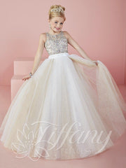 Girls Long Beaded Tulle Dress by Tiffany Princess 13476-Girls Formal Dresses-ABC Fashion