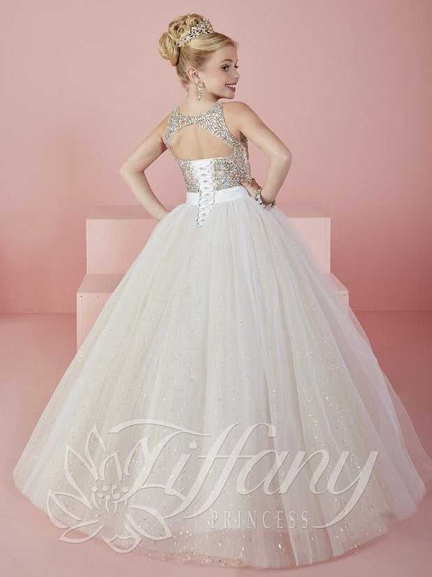 Girls Long Beaded Tulle Dress by Tiffany Princess 13476-Girls Formal Dresses-ABC Fashion