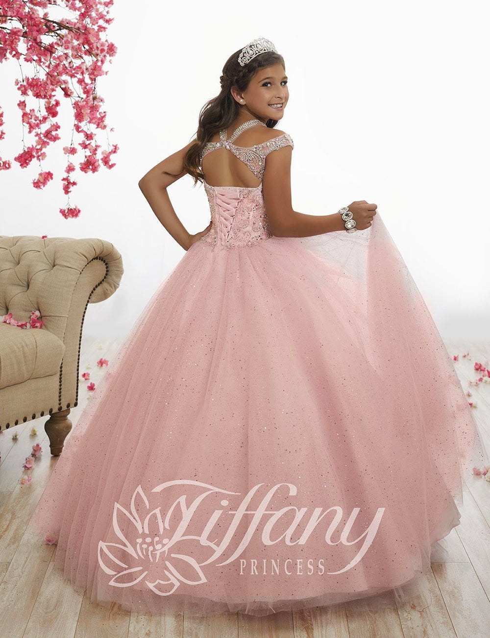 Girls Long Cold Shoulder Dress by Tiffany Princess 13525-Girls Formal Dresses-ABC Fashion