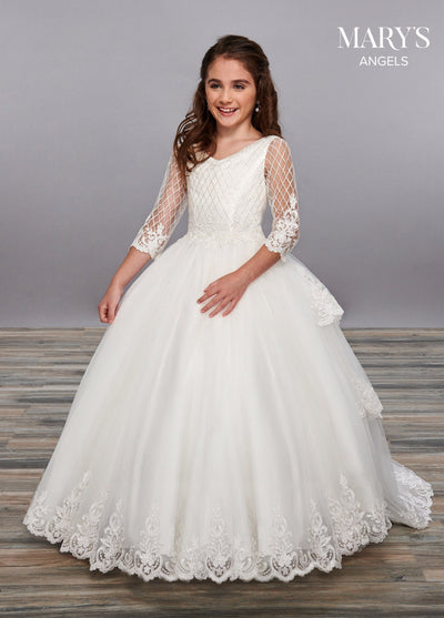 Girls Long Embroidered Dress with Sheer Sleeves by Mary's Bridal MB9056-Girls Formal Dresses-ABC Fashion