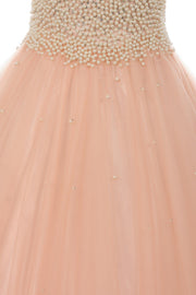 Girls Long Halter Formal Dress with Pearl Beaded Illusion Bodice-Girls Formal Dresses-ABC Fashion