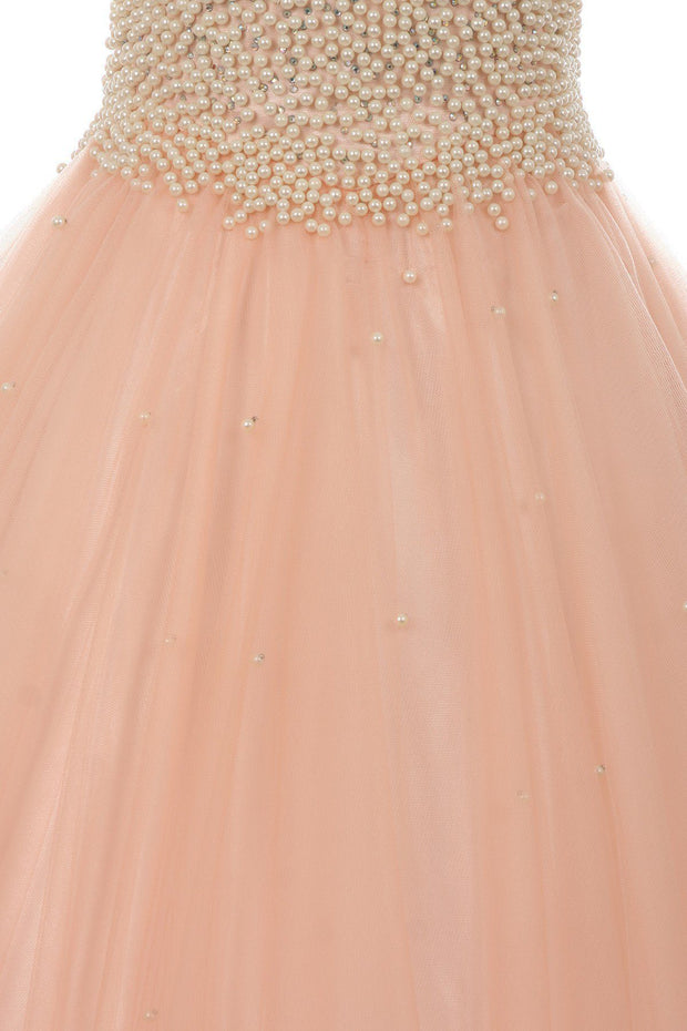 Girls Long Halter Formal Dress with Pearl Beaded Illusion Bodice-Girls Formal Dresses-ABC Fashion