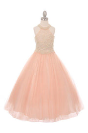 Girls Long Halter Formal Dress with Pearl Beaded Illusion Bodice-Girls Formal Dresses-ABC Fashion