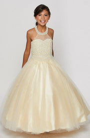 Girls Long Halter Formal Dress with Pearl Beaded Illusion Bodice-Girls Formal Dresses-ABC Fashion