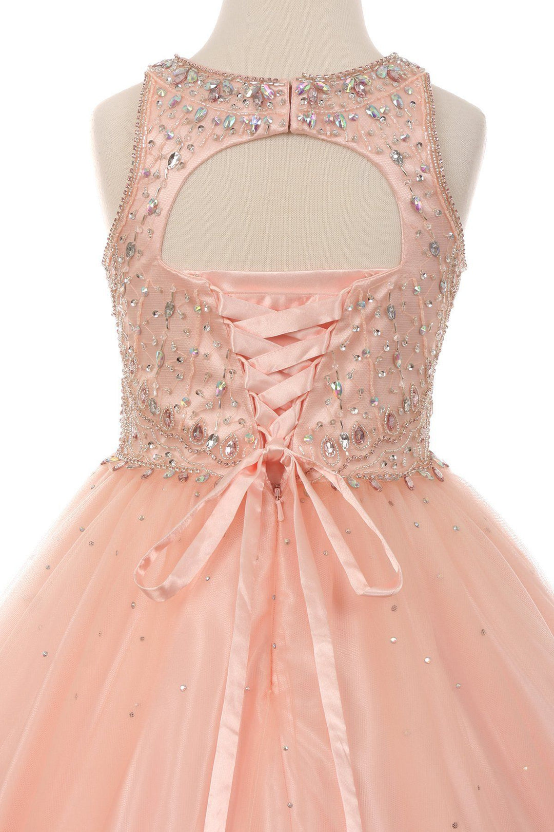 Girls Long Halter Tulle Dress with Beaded Illusion Bodice-Girls Formal Dresses-ABC Fashion